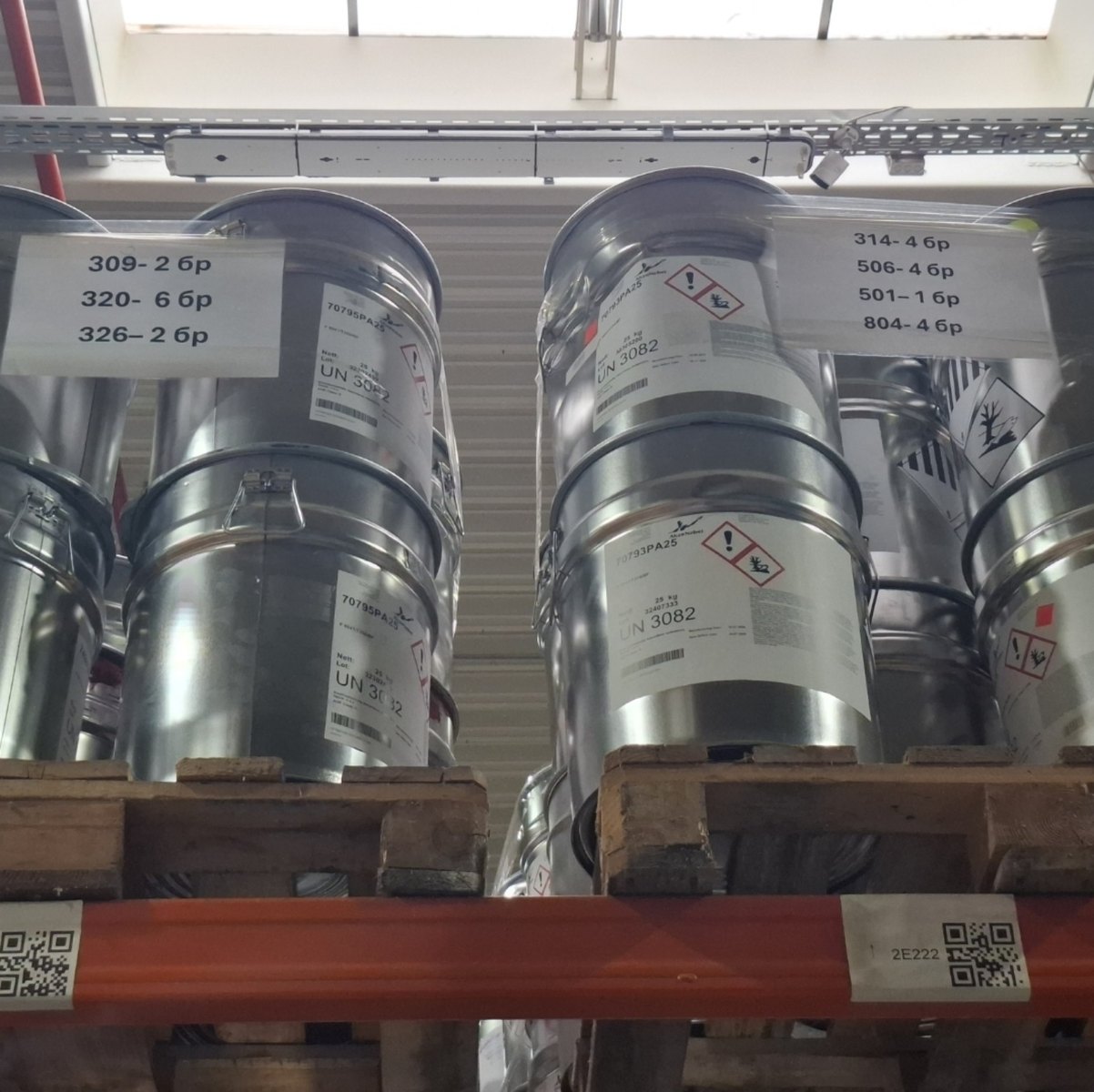ADR storage drums and labelled lacquer materials